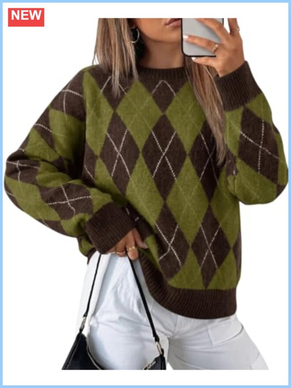 Oversized Argyle Plaid Knit Pullover Sweater Long Sleeve